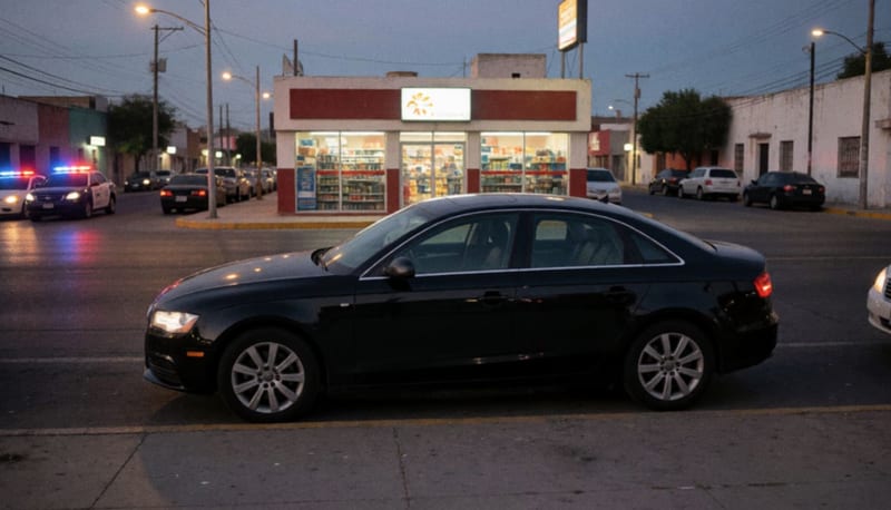 Automóvil Audi negro estacionado en una calle urbana con tienda comercial al fondo