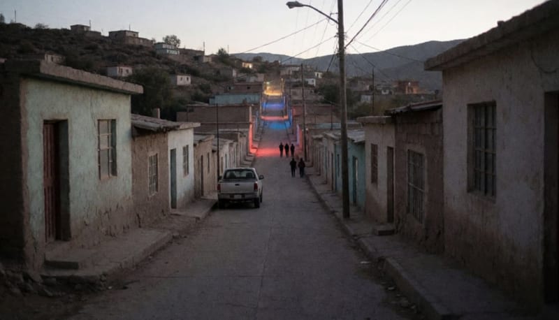 Calle tranquila de una colonia en ladera al anochecer, con casas modestas, una camioneta estacionada y luces rojas y azules al fondo