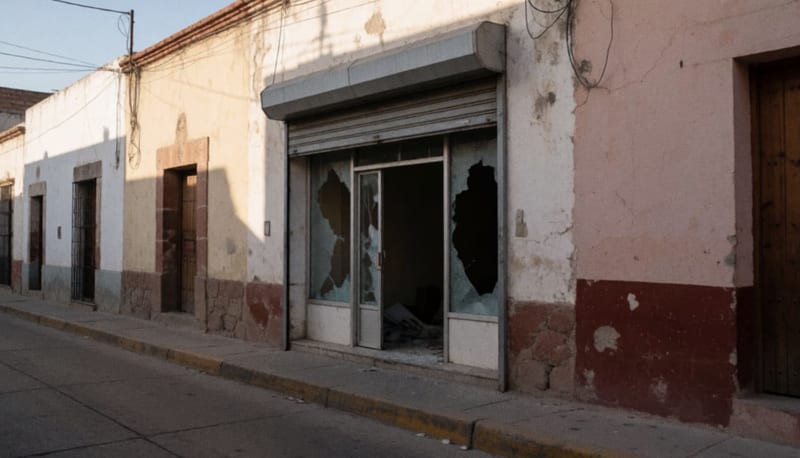 Fachada dañada de una tienda con puerta de seguridad forzada en una calle de Parral