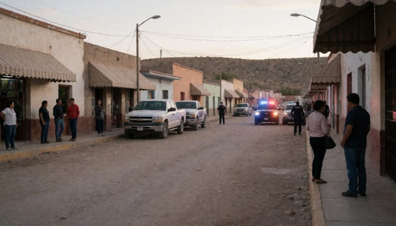 Patrulla estacionada en la explanada de un pueblo del norte mexicano al atardecer