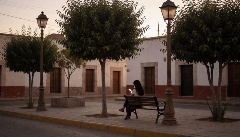 Mujer sentada de espaldas en una banca de plaza al atardecer, con el rostro iluminado por la luz de su teléfono