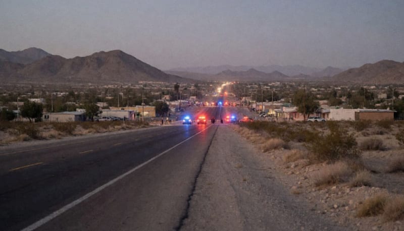 Carretera desértica del norte de Chihuahua con luces de emergencia iluminando el paisaje árido al atardecer