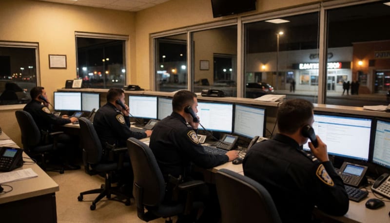 Oficiales en el interior de una central de atención de emergencias, monitoreando llamadas durante operaciones nocturnas