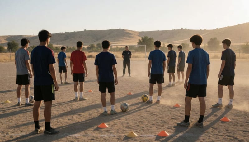 Jóvenes futbolistas vistos de espaldas entrenando en una cancha de tierra con conos y balones al atardecer, con cerros al fondo