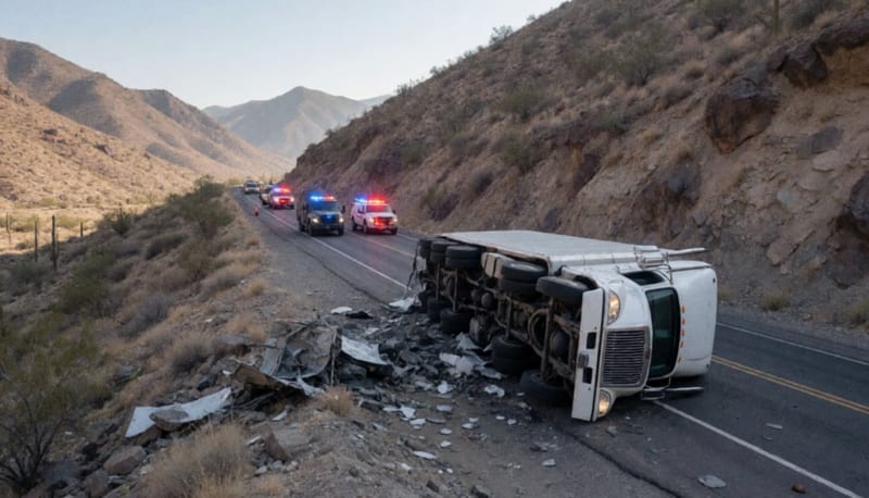 Tractocamión volcado sobre la carretera en una zona montañosa del desierto chihuahuense