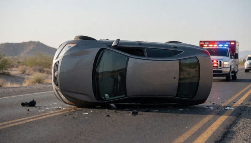 Automóvil volcado sobre la carretera con luces de emergencia reflejándose en el pavimento desierto