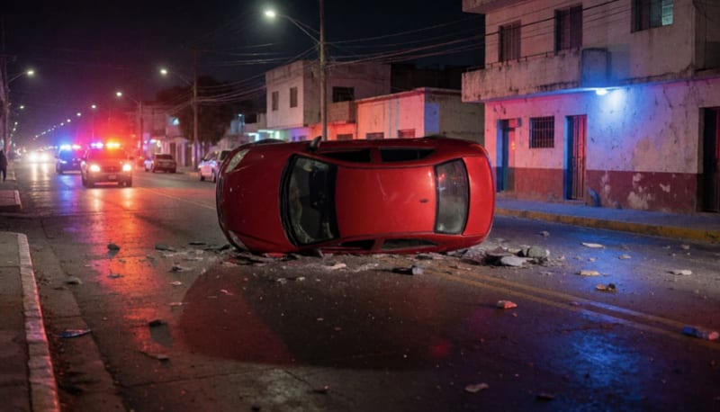 Vehículo rojo volcado sobre la avenida con luces de emergencia iluminando la escena nocturna