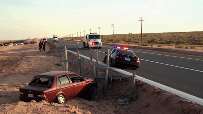 Vehículos accidentados en la carretera del desierto con unidades de emergencia atendiendo la escena