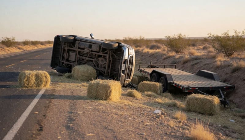 Camioneta volcada con remolque y pacas de heno dispersas en la carretera del desierto