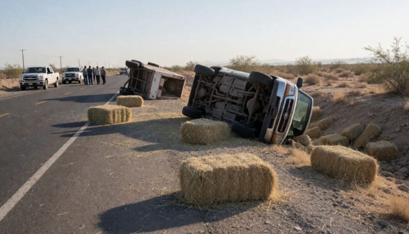 Camioneta volcada junto a la carretera con pacas de heno dispersas en el pavimento y cuneta