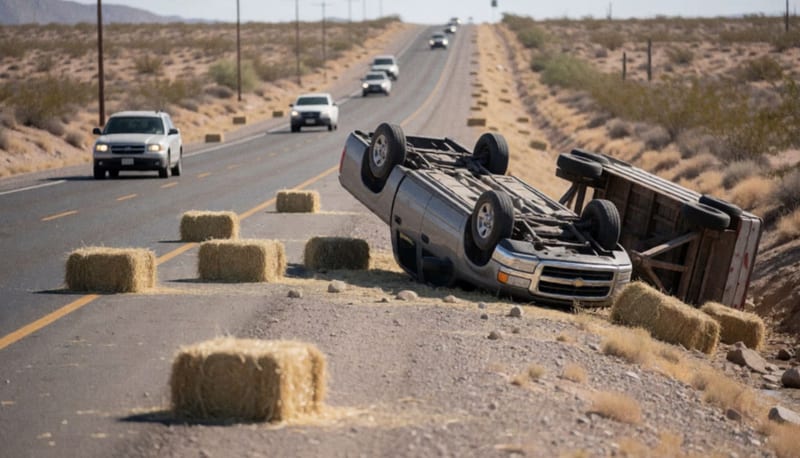 Camioneta volcada sobre el pavimento de una carretera desértica con fardos de alfalfa dispersos alrededor
