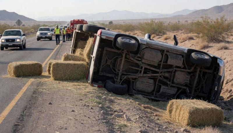 Camioneta volcada junto a la carretera del desierto con pacas de heno dispersas sobre el pavimento
