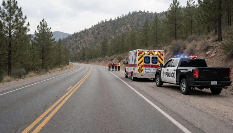 Ambulancia y patrulla detenidas en el acotamiento de una carretera de la sierra