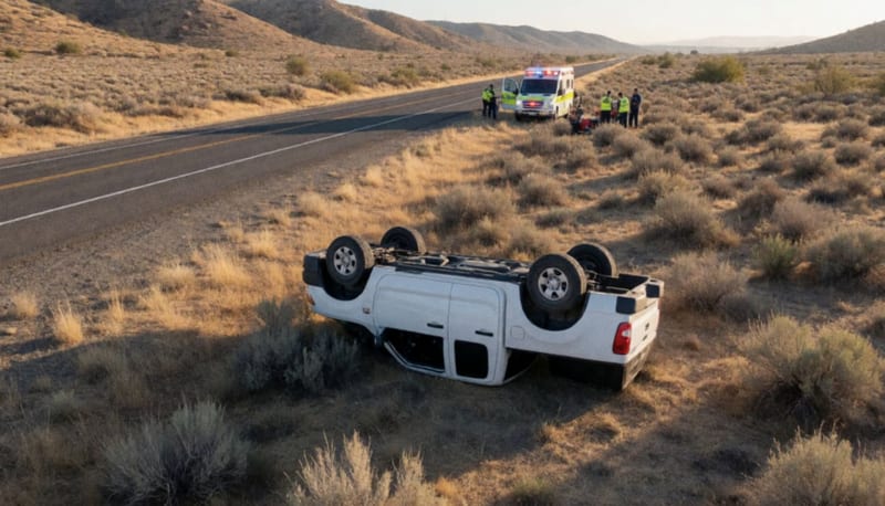 Camioneta pickup blanca volcada en terreno árido junto a una carretera, con equipo de rescate a lo lejos al atardecer