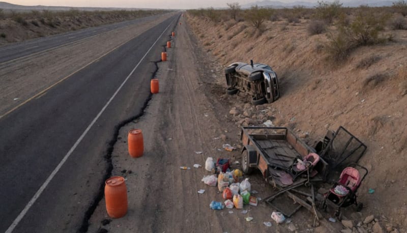 Camioneta volcada en una ladera junto a una carretera en obras, con pertenencias esparcidas y tambos naranjas al atardecer