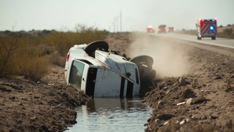 Automóvil volcado en un arroyo junto a la carretera del desierto de Chihuahua
