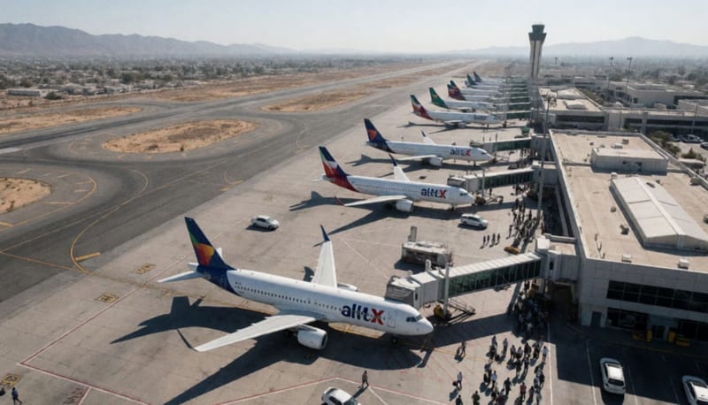 Aviones estacionados en las puertas de un aeropuerto moderno rodeado de paisaje desértico