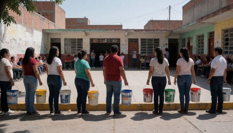 Madres, padres y maestros forman fila en el patio de una escuela cargando cubetas de pintura e impermeabilizante bajo el sol