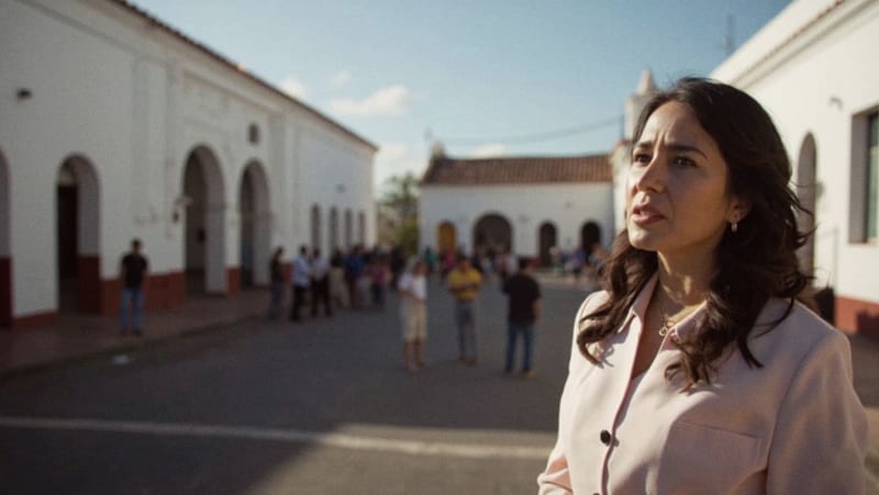 Mujer dirigiéndose a ciudadanos en una plaza colonial de pueblo minero del norte de México