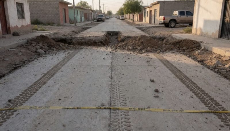 Zanja abierta al centro de una calle de concreto rodeada de tierra y escombro en una colonia de casas bajas