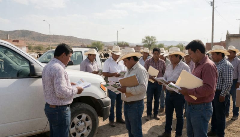 Ganaderos reunidos en una instalación lechera recibiendo materiales y capacitación sobre prevención del gusano barrenador